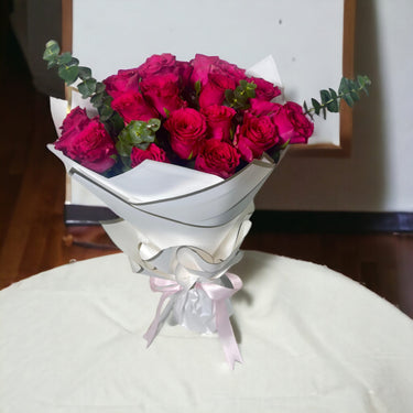 Hot Pink Dream, Hot Pink Roses, Eucalyptus, White Wrapping, Pink Ribbon